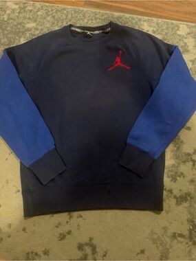 Jordan Men’s Navy Crewneck Sweatshirt with Royal Blue Sleeves and Red Jumpman